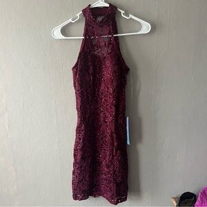 Speechless Maroon Sequin Lace Halter Neck Bodycon Dress Size 1 NWT